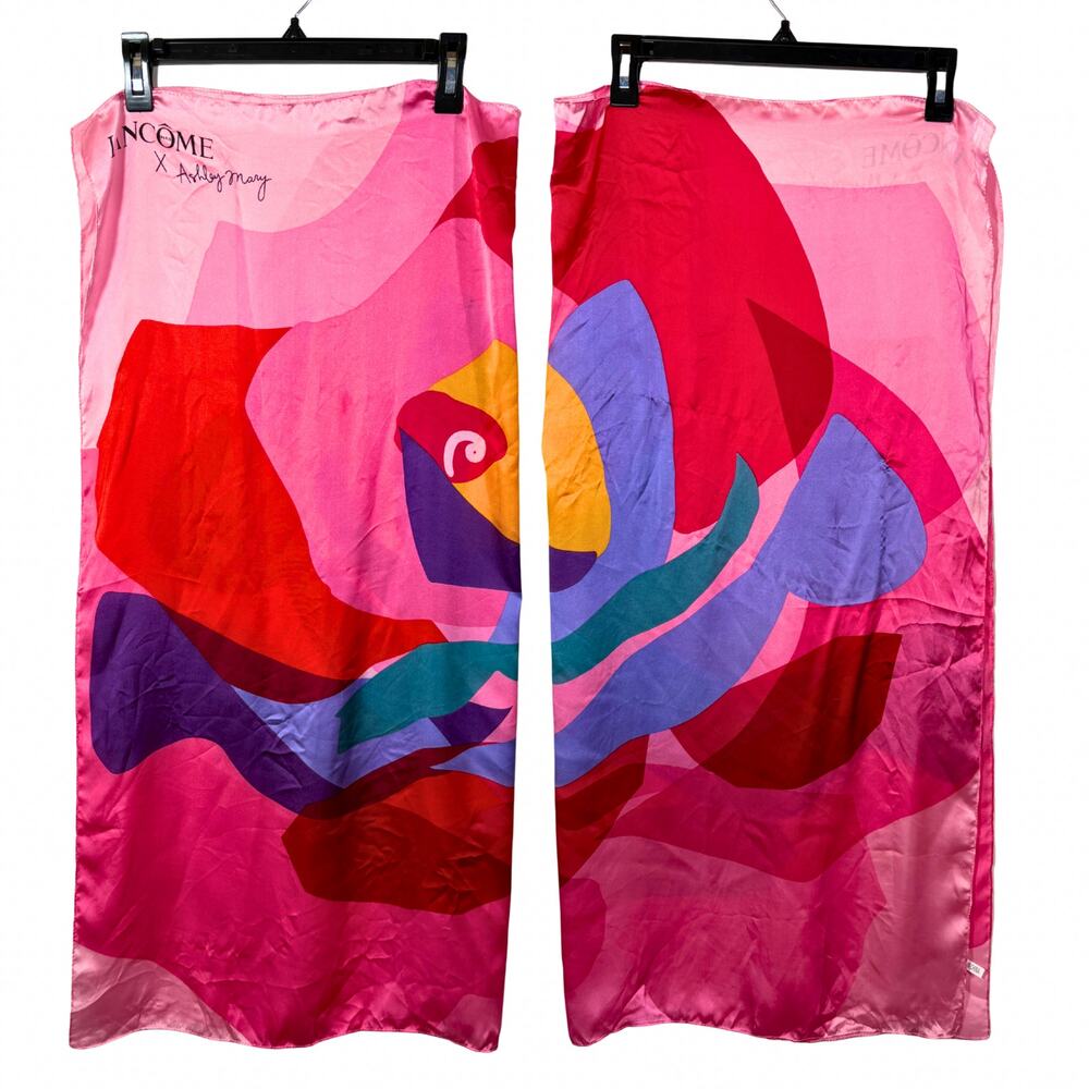 Lancome Paris Scarf 35” Ashley Mary Collab Pink Floral Square Limited Edition - Picture 3 of 13